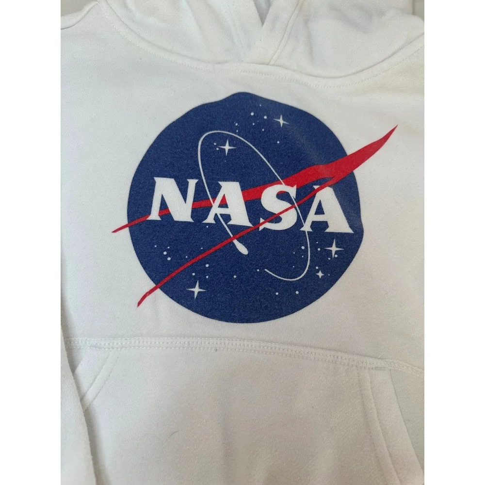 Gap NASA Hoodie Kids XS White Graphic Fleece Pullover Space Rocket Sweatshirt